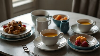 Modern breakfast table set with stylish plates.