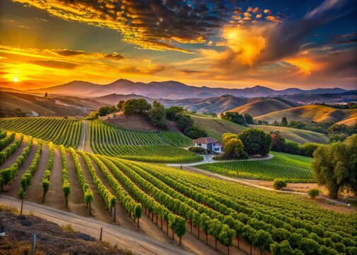 Captivating Landscape of Temecula California Showcasing Rolling Hills and Vibrant Vineyards at Sunset