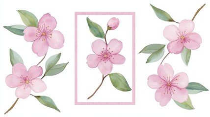 Cherry Blossoms and Leaves in Soft Watercolor Design, white background