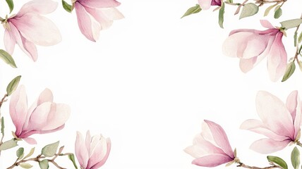 Fototapeta premium Floral Rectangular Frame with Magnolia Blossoms, white background