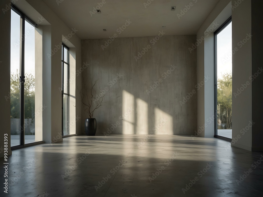 Poster modern empty room with natural light and minimal furniture.