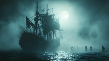 A haunted pirate ship with torn sails drifts through misty waters, ghostly crew members barely visible as the moonlight casts long shadows on the eerie scene.