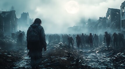 Obraz premium A horde of zombies creeping through an abandoned town, with shattered windows and decaying buildings, the streets littered with debris.