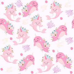 Cute narwhal in boho style on a white background seamless pattern. Vector illustration for children funny whale. Underwater inhabitants
