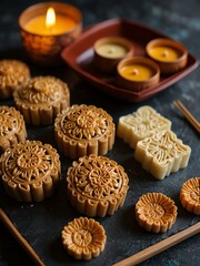 Mooncake ingredients and decorations for festive celebrations.