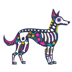 Xoloitzcuintli dog skeleton decorated with flowers and decorative elements, side view. Festive animal for the Mexican  day of the dead,  Dia de los Muertos.