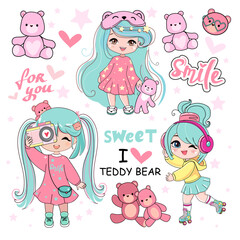 Cute set with cartoon little girl with blue hair and pink teddy bear toys in anime style. Kawaii style. Vector illustration t-shirt print. Chibi manga little girl