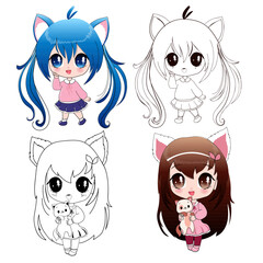 Cute set with cartoon girls in anime style. Vector illustration chibi girl for children t-shirt print on a white background isolated. Coloring book