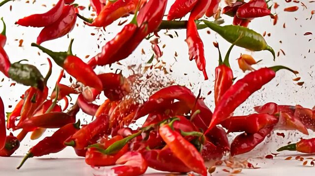 Falling group chili pepper isolated on white background.