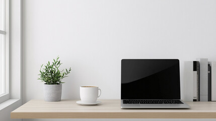 Minimalist corner desk setup with a closed laptop, a cup of coffee, and a neatly organized workspace. The background features clean, white walls and natural light

