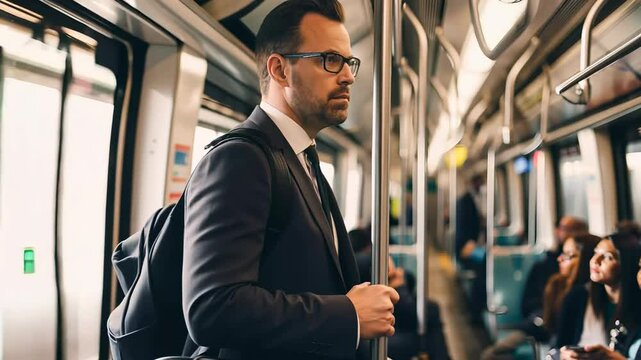 Businessman commuting on subway train during rush hour in city, 4k footage