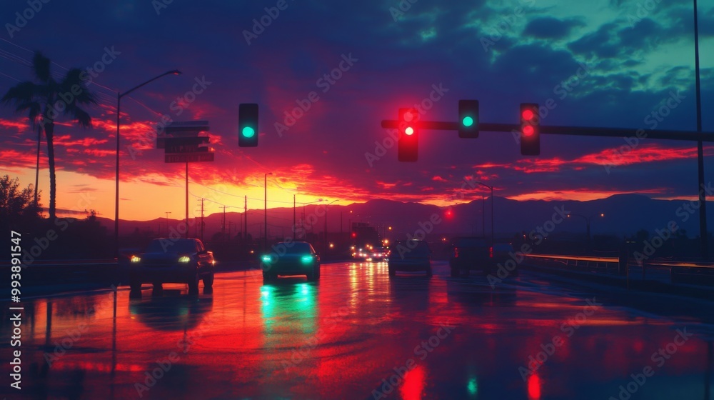 Poster a sunset scene featuring a traffic light changing from red to green, casting colorful reflections on
