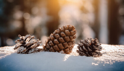 Close up of pine tree cones on white snow in the forest. Beautiful nature landscape scenery. Winter