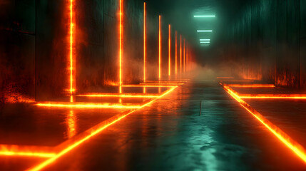 Orange and Teal Neon Lights in a Dark Corridor - 3D Illustration