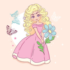 Beautiful cartoon little princess with a blue flower and butterflies on a pink background. Vector illustration