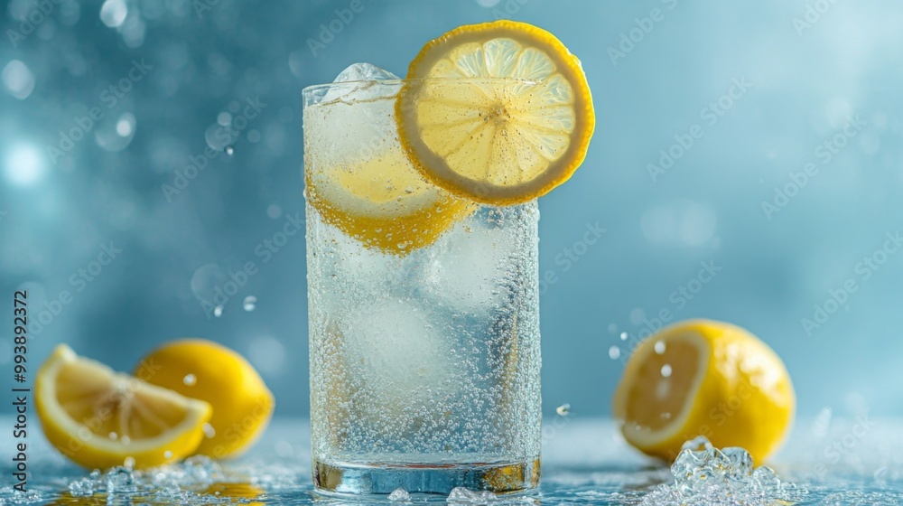 Poster a tall glass of iced lemon syrup drink with fresh lemon slices floating on top, served on a summer d