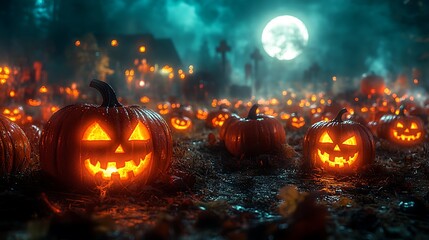 Fototapeta premium A pumpkin patch lit by a full moon, glowing jack-o'-lanterns casting creepy shadows across the field. The scene is eerie, with mist creeping through the pumpkins,