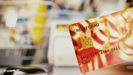 Close-up of credit card floating near payment terminal It focuses on modern payment technologies used in retail and shopping environments. 3d, rendering, illustration,