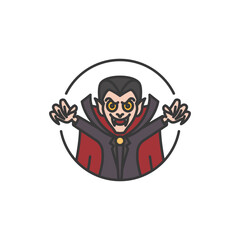 Funny Vampire with Red Robe and Fangs. Little Dracula for Halloween Party Logo.