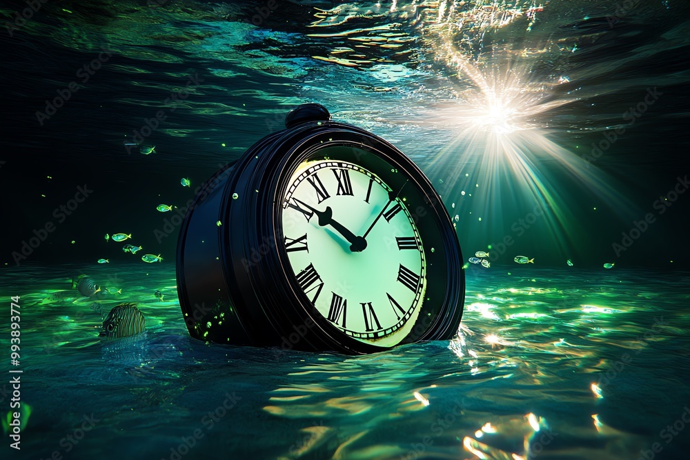 Poster a clock submerged in an underwater city, with glowing fish swimming around it. the water is illumina