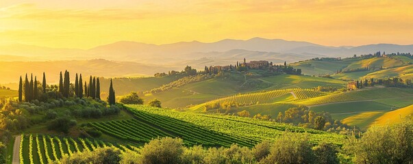 Naklejka premium Tuscany Rolling Hills and Vineyards The classic Tuscan countryside with rolling green hills, cypress-lined roads