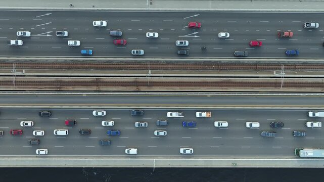 Overhead shot of busy freeway traffic in 4K

