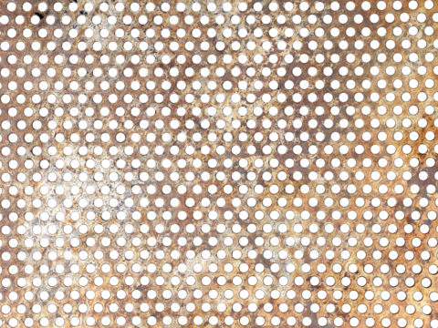 rusty perforated steel sheet textured, row of round holes on metallic plate