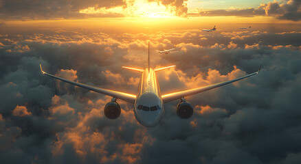 Realistic Shot of an Airplane Flying High in the Sky with Clouds
