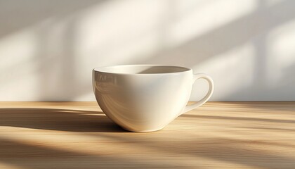 Fototapeta premium A simple white ceramic cup resting on a wooden surface, illuminated by soft natural light, creating a warm and inviting atmosphere.