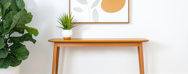 Teak wood console table in a modern entryway, sleek simplicity, abstract artwork above, soft natural lighting, clean lines and minimalistic decor, warm and neutral tones