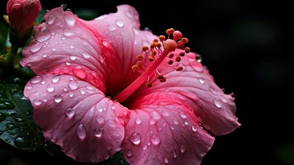 Closeup of a hibiscus flower with fresh raindrops highlighting its delicate pink petals, 4k footage