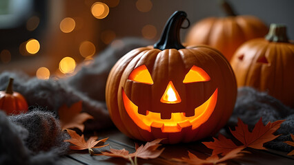 Fototapeta premium cozy picture happy halloween pumpking orange and black 