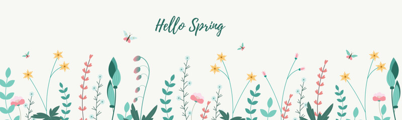 Flat vector illustration of Spring background. Banner, greeting card, poster, invitation template, flyer. Great for any designs, textile, art, walls, package, web