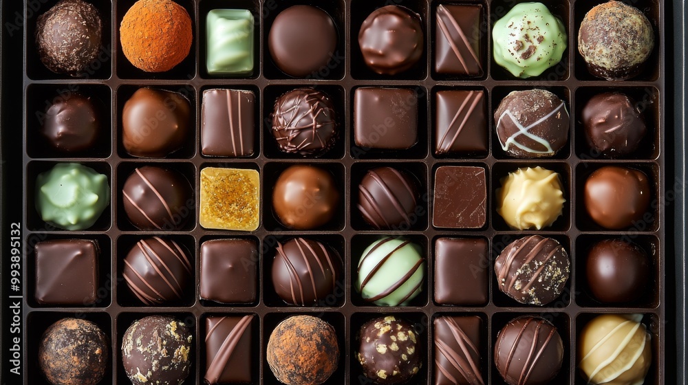 Poster a variety of gourmet chocolates arranged neatly in a gift box, featuring different textures and desi