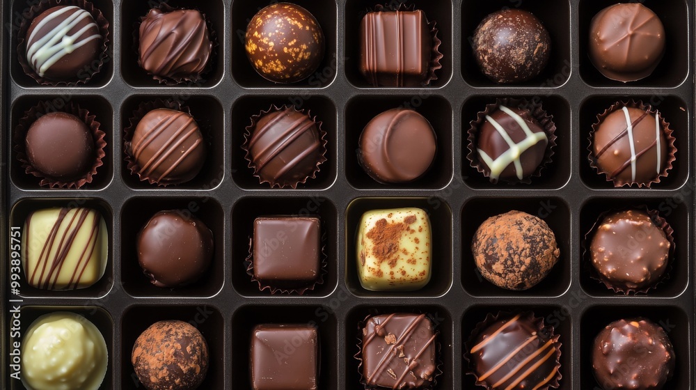 Poster a variety of gourmet chocolates arranged neatly in a gift box, featuring different textures and desi