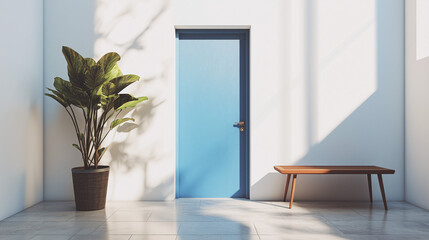 Minimalist entryway with a bold blue front door, sleek white walls, and a simple bench. Natural light illuminating the space