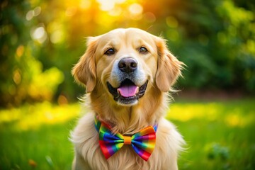 Charming Golden Retriever Dog with Colorful Bow Sitting Playfully in a Bright Outdoor Setting