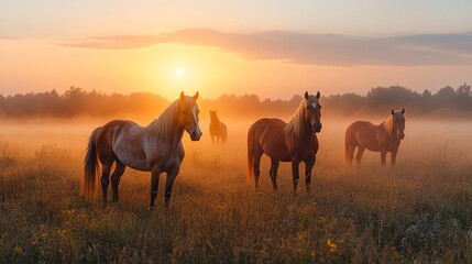 Horses standing in a misty field at sunrise, creating a serene natural scene.