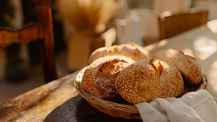 Freshly baked bread on a table	warm and inviting atmosphere, artisanal baking, texture of crust 