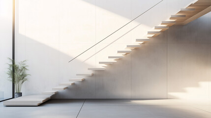 Obraz premium Minimalist floating staircase with open wooden steps and sleek metal railings, no visible decor, bright natural lighting
