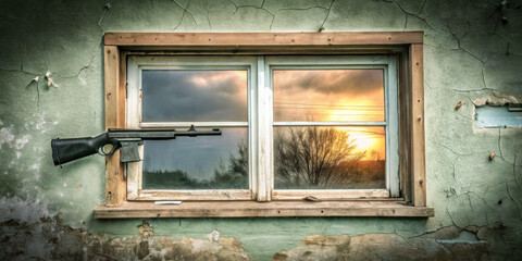 An old, cracked wall frames a wooden window that looks out at a calm sunset over a landscape dotted with bare trees. The rifle provides a sharp contrast to the peaceful scene outside. AI generated.