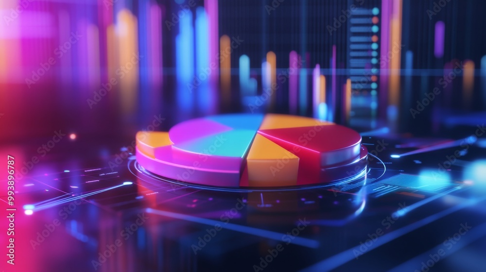 Fototapete A vibrant 3D pie chart with colorful segments floating above a digital screen, representing data analysis, with sleek reflections and dynamic lighting.