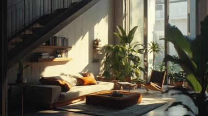 Fototapeta premium Loft, nomadic interior design of modern living room, home