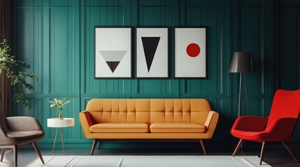 Lounge chairs and sofa against teal classic paneling wall with art posters Mid-century style home interior design of modern living room