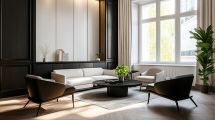Fototapeta premium Lounge chairs and sofa near black coffee table against window and black cabinet near stucco wall Minimalist interior design of modern living room