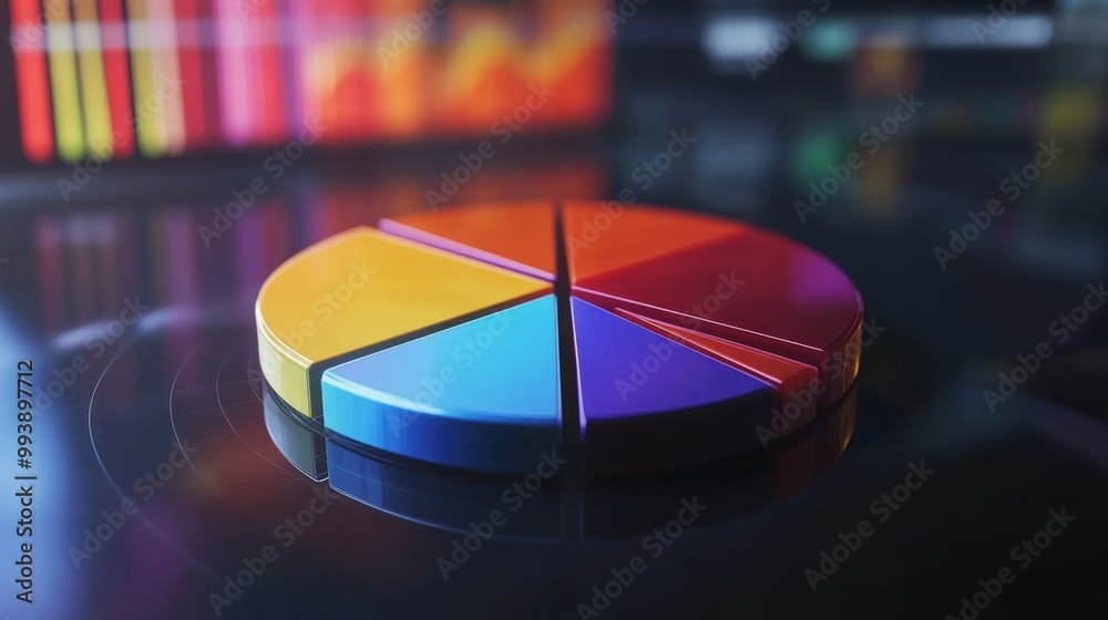 Fototapete a vibrant 3d pie chart with colorful segments floating above a digital screen, representing data ana