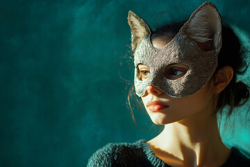 A young woman in a stylish quadrober mask resembling a cat, posing against a solid blue background. The mask, which is part of an emerging fashion subculture, adds a playful yet mysterious