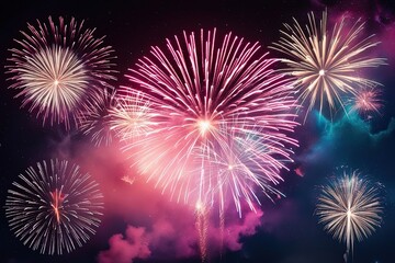 Fototapeta premium Festive Overlay of Vibrant Fireworks and Dazzling Nebula for Holiday Greetings