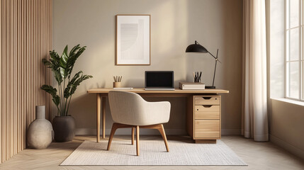 Fototapeta premium Minimalist home office setup featuring a modern wooden desk, an open laptop, and a clean, uncluttered space. A neutral-toned wall as a backdrop with natural lighting