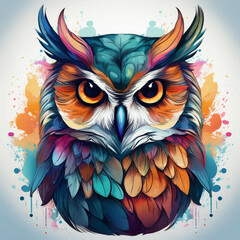 Colored owl drawn in watercolor. 